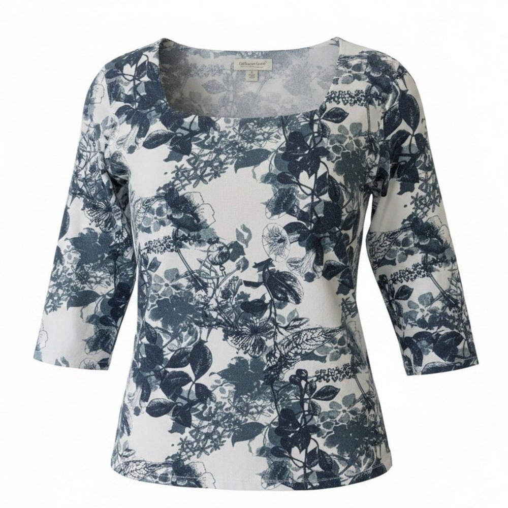 Coldwater Creek Floral Print Sequin Top‎ Square Neck 3/4 Sleeve Blouse Size 1X